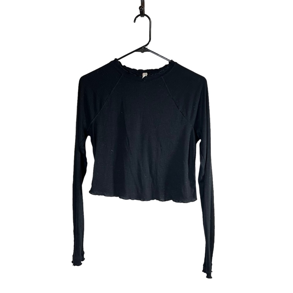 Free People Movement Ribbed Long Sleeve Cropped Lettuce Hem Flutter Back Shirt